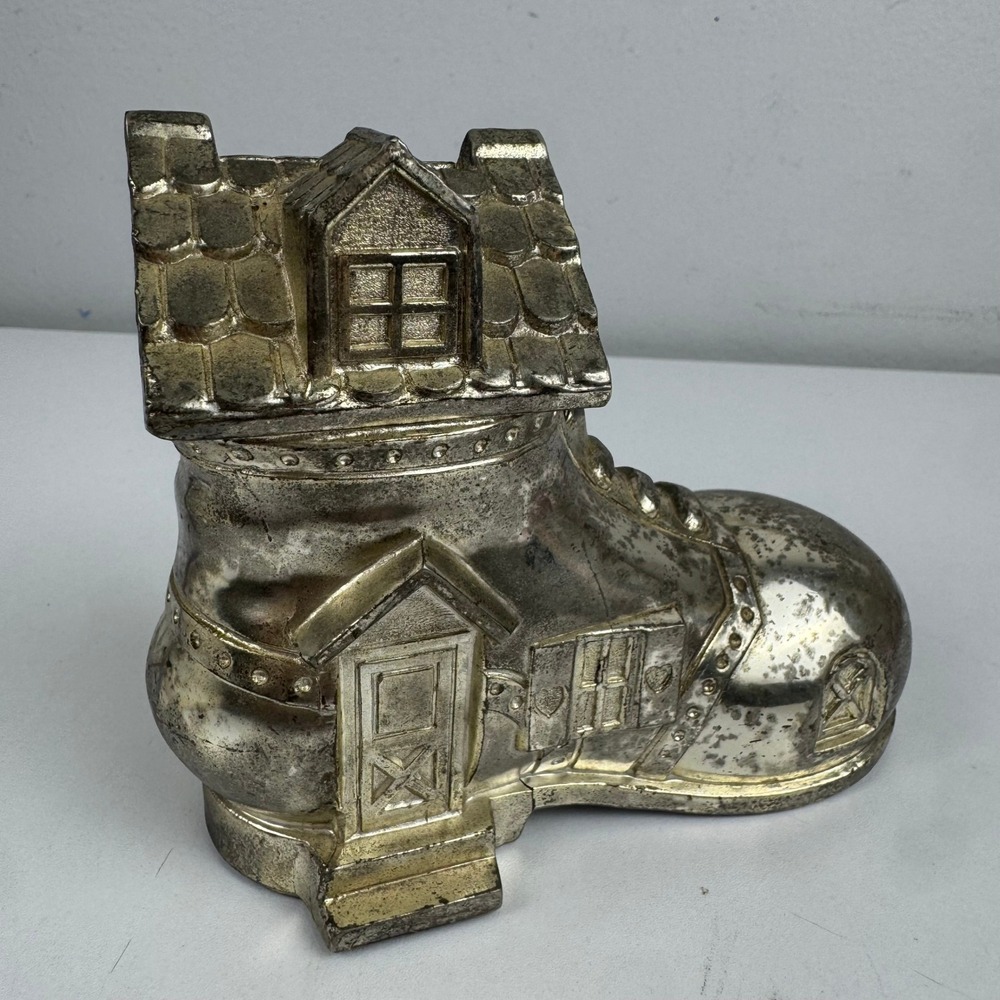 Vtg 50s Silver Shoe House Coin Bank Japan Nursery Rhyme Cottagecore Decor